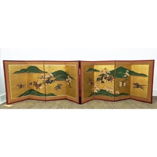 3 - JAPANESE FOUR-FOLD SCREENS, a pair, late 19th century ink of paper adorned with cavalry scenes, 64cm... 
