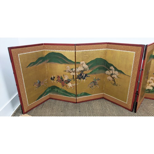 3 - JAPANESE FOUR-FOLD SCREENS, a pair, late 19th century ink of paper adorned with cavalry scenes, 64cm... 