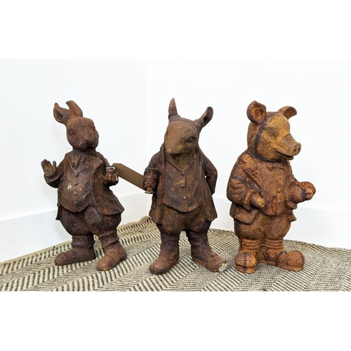 393 - CAST METAL FIGURINES, a set of three, 45cm H. (3)