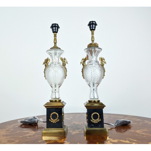 376 - TABLE LAMPS, a pair, Empire style cut glass with swan details, 64cm H. (2)