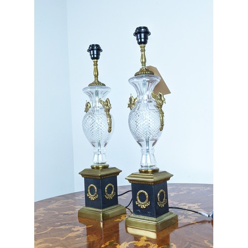 376 - TABLE LAMPS, a pair, Empire style cut glass with swan details, 64cm H. (2)