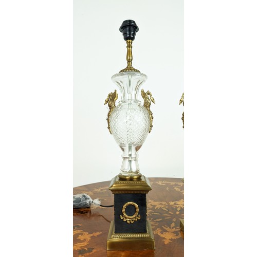 376 - TABLE LAMPS, a pair, Empire style cut glass with swan details, 64cm H. (2)