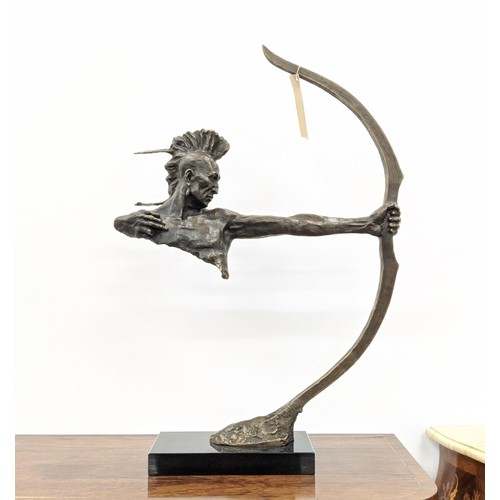 370 - CONTEMPORARY SCHOOL SCULPTURE, bronze, of a native American archer, 84cm H x 55cm.