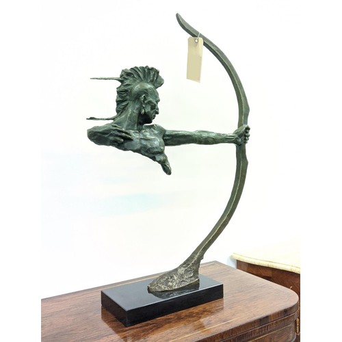 370 - CONTEMPORARY SCHOOL SCULPTURE, bronze, of a native American archer, 84cm H x 55cm.