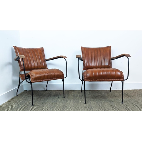 379 - ARMCHAIRS, a pair, tan leather upholstery, 74cm H x 65cm x 70cm. (2)