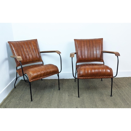 379 - ARMCHAIRS, a pair, tan leather upholstery, 74cm H x 65cm x 70cm. (2)