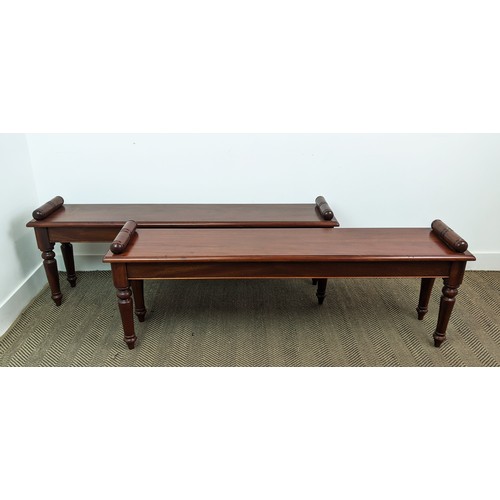 395 - HALL BENCHES, a pair, Victorian style mahogany raised on turned supports, 52cm H x 146cm L x 33cm. (... 