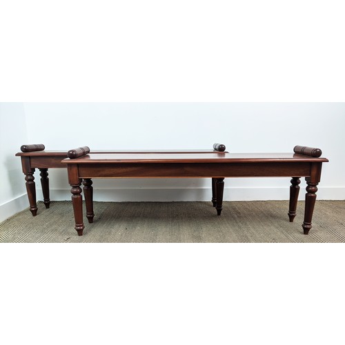 395 - HALL BENCHES, a pair, Victorian style mahogany raised on turned supports, 52cm H x 146cm L x 33cm. (... 