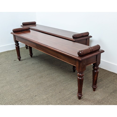 395 - HALL BENCHES, a pair, Victorian style mahogany raised on turned supports, 52cm H x 146cm L x 33cm. (... 