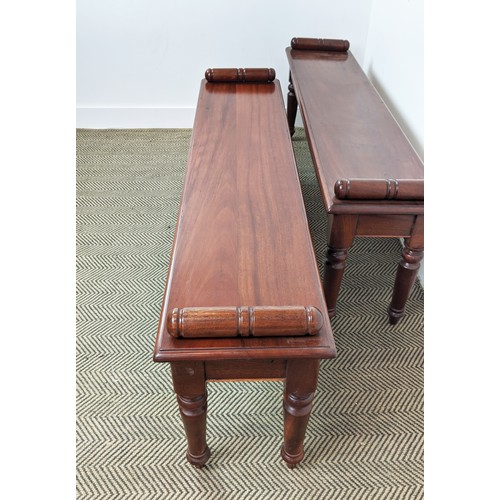 395 - HALL BENCHES, a pair, Victorian style mahogany raised on turned supports, 52cm H x 146cm L x 33cm. (... 