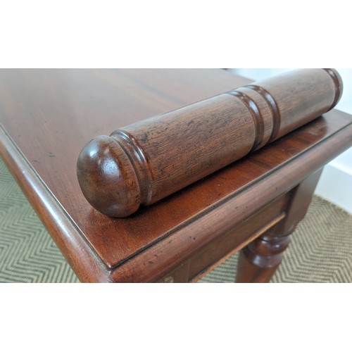 395 - HALL BENCHES, a pair, Victorian style mahogany raised on turned supports, 52cm H x 146cm L x 33cm. (... 