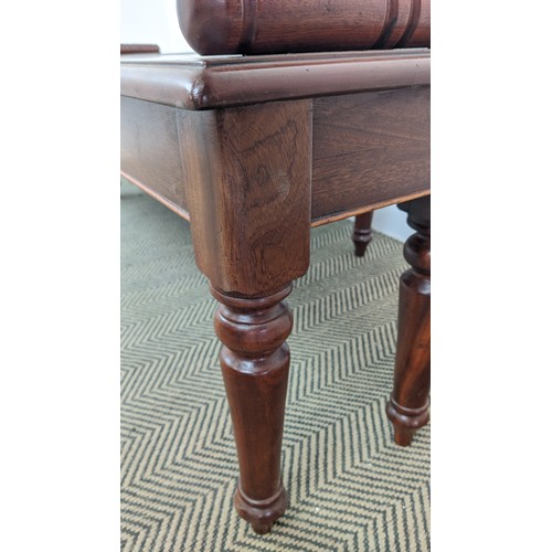 395 - HALL BENCHES, a pair, Victorian style mahogany raised on turned supports, 52cm H x 146cm L x 33cm. (... 