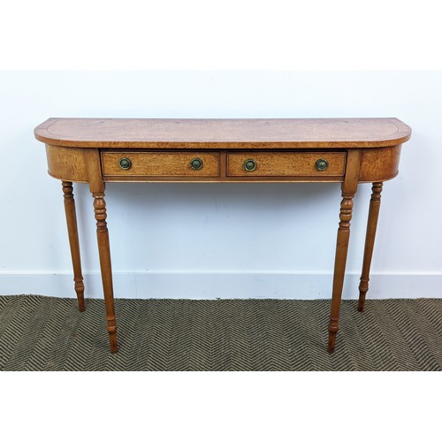 397 - CONSOLE TABLE, Victorian style satin birch with two frieze drawers raised on turned supports, 77cm H... 