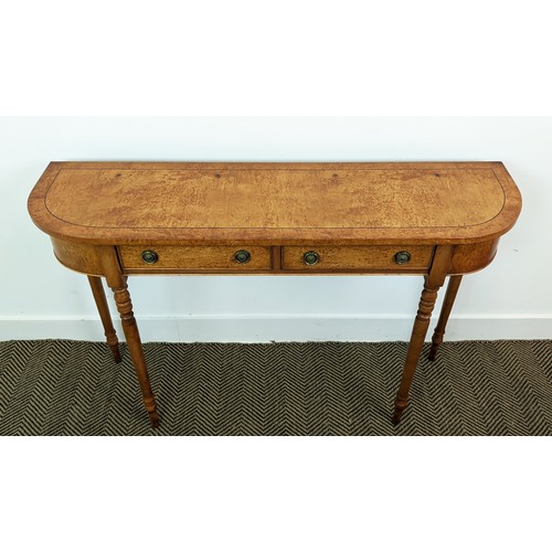 397 - CONSOLE TABLE, Victorian style satin birch with two frieze drawers raised on turned supports, 77cm H... 