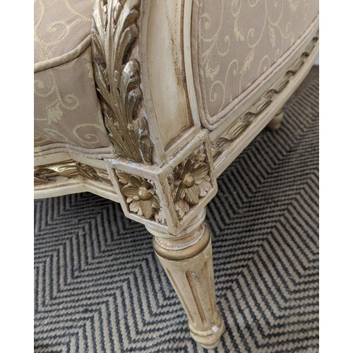 158 - SALON SUITE, comprising a Louis XVI style, painted and giltwood canape in patterned buttercream fabr... 