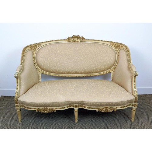 158 - SALON SUITE, comprising a Louis XVI style, painted and giltwood canape in patterned buttercream fabr... 