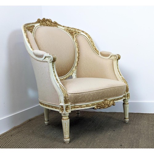 158 - SALON SUITE, comprising a Louis XVI style, painted and giltwood canape in patterned buttercream fabr... 