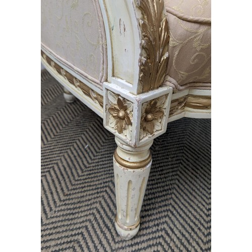 158 - SALON SUITE, comprising a Louis XVI style, painted and giltwood canape in patterned buttercream fabr... 