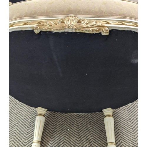 158 - SALON SUITE, comprising a Louis XVI style, painted and giltwood canape in patterned buttercream fabr... 