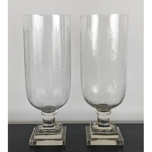 375 - HURRICANE LAMPS, a pair, cut glass, 40cm H. (2)