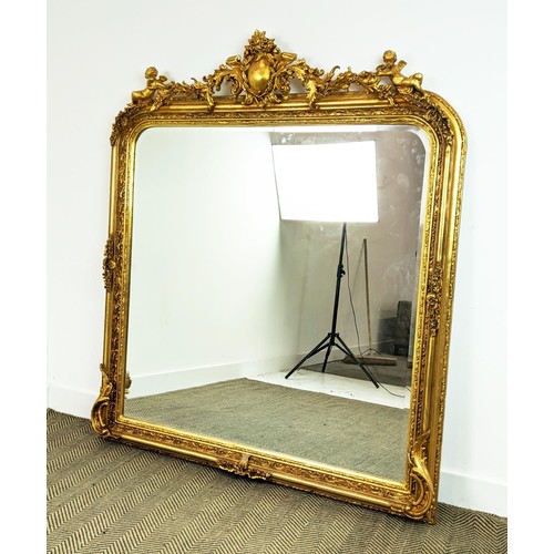 380 - OVERMANTEL, gilt frame with cherub detail, 160cm H x 133cm.