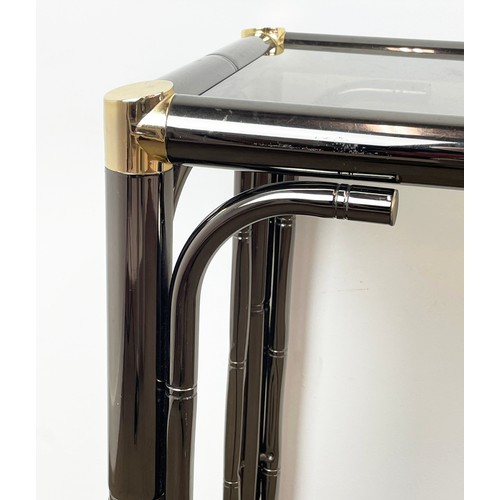 423 - CONSOLE TABLE, Italian 1970s faux bamboo chrome and brass with smoked glass top, 118cm L x 40cm W x ... 