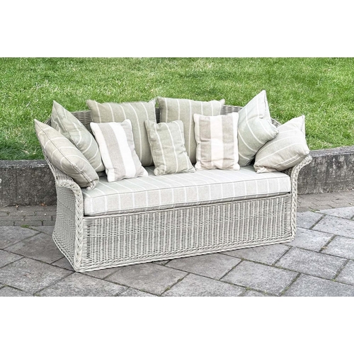 234 - MARSTON AND LANGINGER ENGLISH WILLOW SEAT, English woven willow with swept arms, seat and scatter cu... 