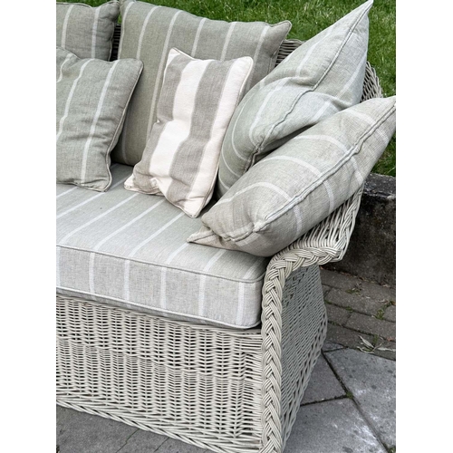 234 - MARSTON AND LANGINGER ENGLISH WILLOW SEAT, English woven willow with swept arms, seat and scatter cu... 