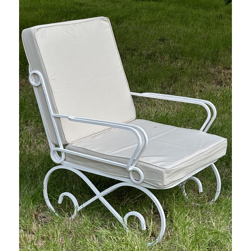 235 - GARDEN TERRACE ARMCHAIRS, a pair, vintage white painted box section metal with cushions on scroll su... 