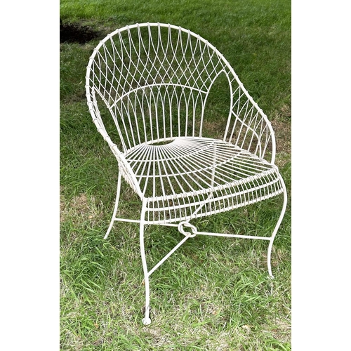 239 - FRENCH GARDEN ARMCHAIRS, a pair, 19th century style wirework and painted each with hoop back and X s... 