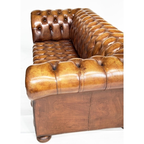 258 - CHESTERFIELD SOFA, natural soft antique tan brown leather with deep buttoned arched back and arms, 2... 