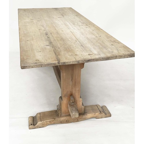 437 - TRESTLE DINING TABLE, rectangular planked pine raised upon trestle supports with stretcher, 182cm x ... 