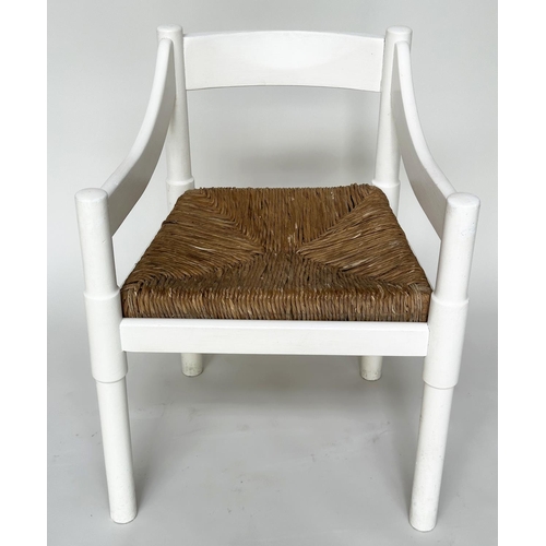 439 - ATTRIBUTED TO VICO MAGISTRETTI CARIMATE CHAIRS, a set of six, white with rush seats, 75.5cm H. (6)