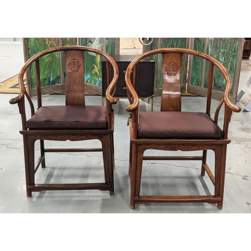 428 - ARMCHAIRS, a pair, Chinese style horseshoe design, with seat cushions, 68.5cm W approx. (2)