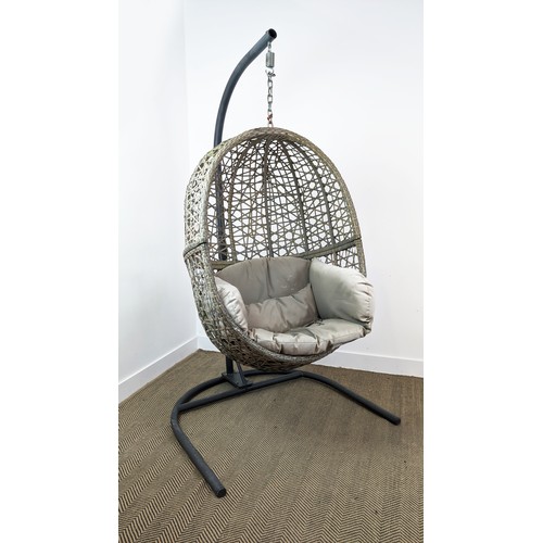 398 - GARDEN HANGING SEAT, on stand with cushions, 195cm H x 92cm W.