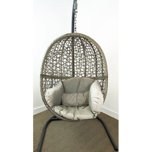 398 - GARDEN HANGING SEAT, on stand with cushions, 195cm H x 92cm W.