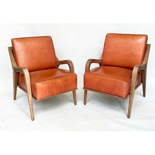 427 - ARMCHAIRS, a pair, Scandinavian style embossed tan leather upholstered with solid walnut downswept s... 