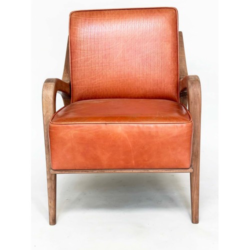 427 - ARMCHAIRS, a pair, Scandinavian style embossed tan leather upholstered with solid walnut downswept s... 