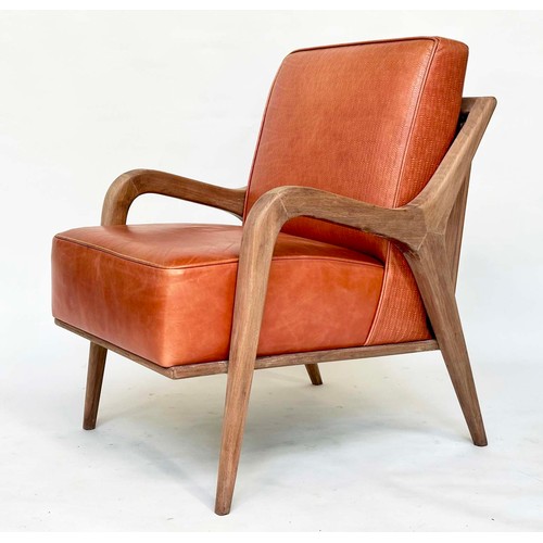 427 - ARMCHAIRS, a pair, Scandinavian style embossed tan leather upholstered with solid walnut downswept s... 