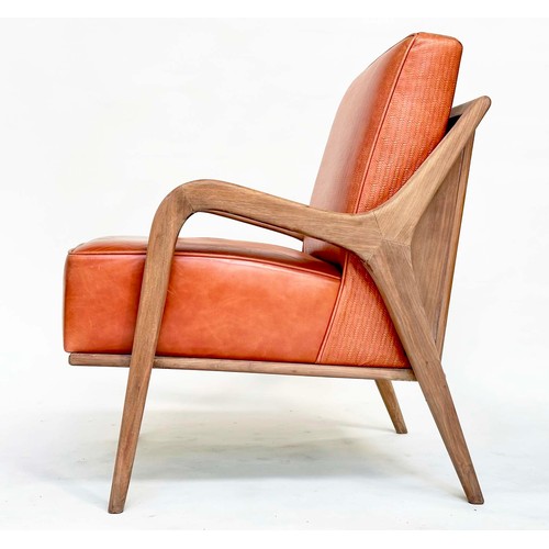 427 - ARMCHAIRS, a pair, Scandinavian style embossed tan leather upholstered with solid walnut downswept s... 