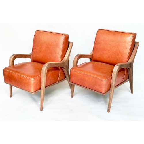 427 - ARMCHAIRS, a pair, Scandinavian style embossed tan leather upholstered with solid walnut downswept s... 