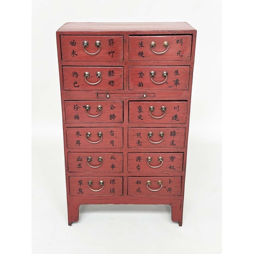 291 - CHINESE CHEST, early 20th century scarlet lacquered with twelve short drawers, slide and silvered me... 