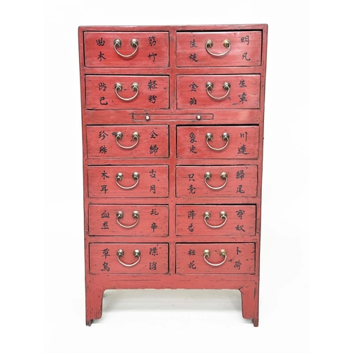 291 - CHINESE CHEST, early 20th century scarlet lacquered with twelve short drawers, slide and silvered me... 