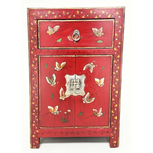 292 - CHINESE CABINETS, a set of two, scarlet lacquered and butterfly decorated, each with two doors and d... 