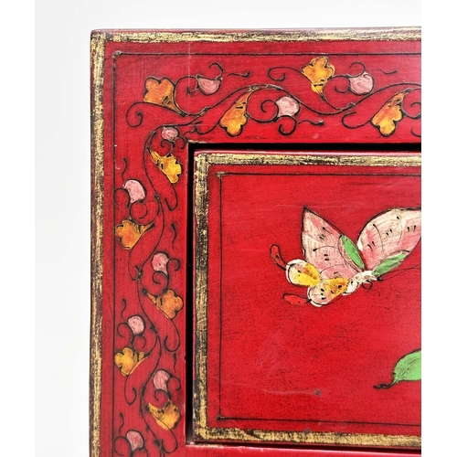 292 - CHINESE CABINETS, a set of two, scarlet lacquered and butterfly decorated, each with two doors and d... 