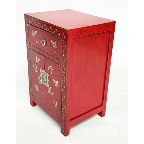 292 - CHINESE CABINETS, a set of two, scarlet lacquered and butterfly decorated, each with two doors and d... 