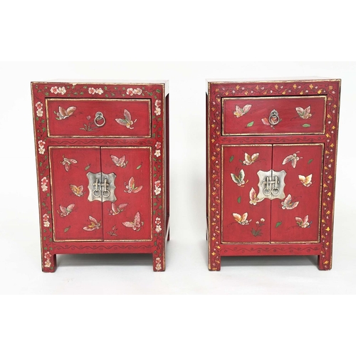 292 - CHINESE CABINETS, a set of two, scarlet lacquered and butterfly decorated, each with two doors and d... 