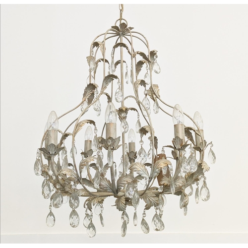 108 - CHANDELIER, French style grey painted metal, with eight branches and glass drops, 65cm H x 60cm W.