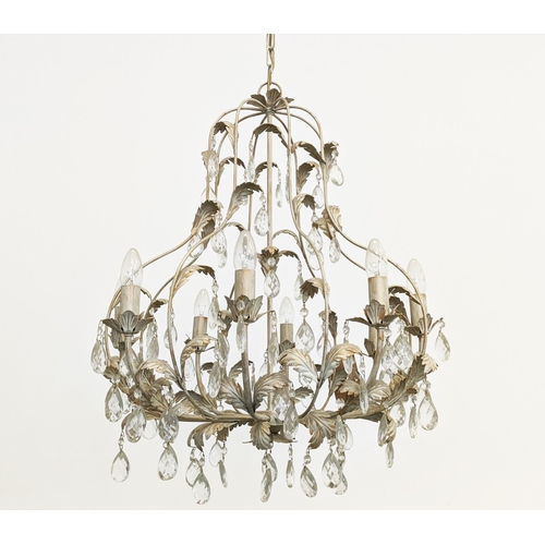 108 - CHANDELIER, French style grey painted metal, with eight branches and glass drops, 65cm H x 60cm W.