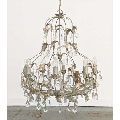 108 - CHANDELIER, French style grey painted metal, with eight branches and glass drops, 65cm H x 60cm W.